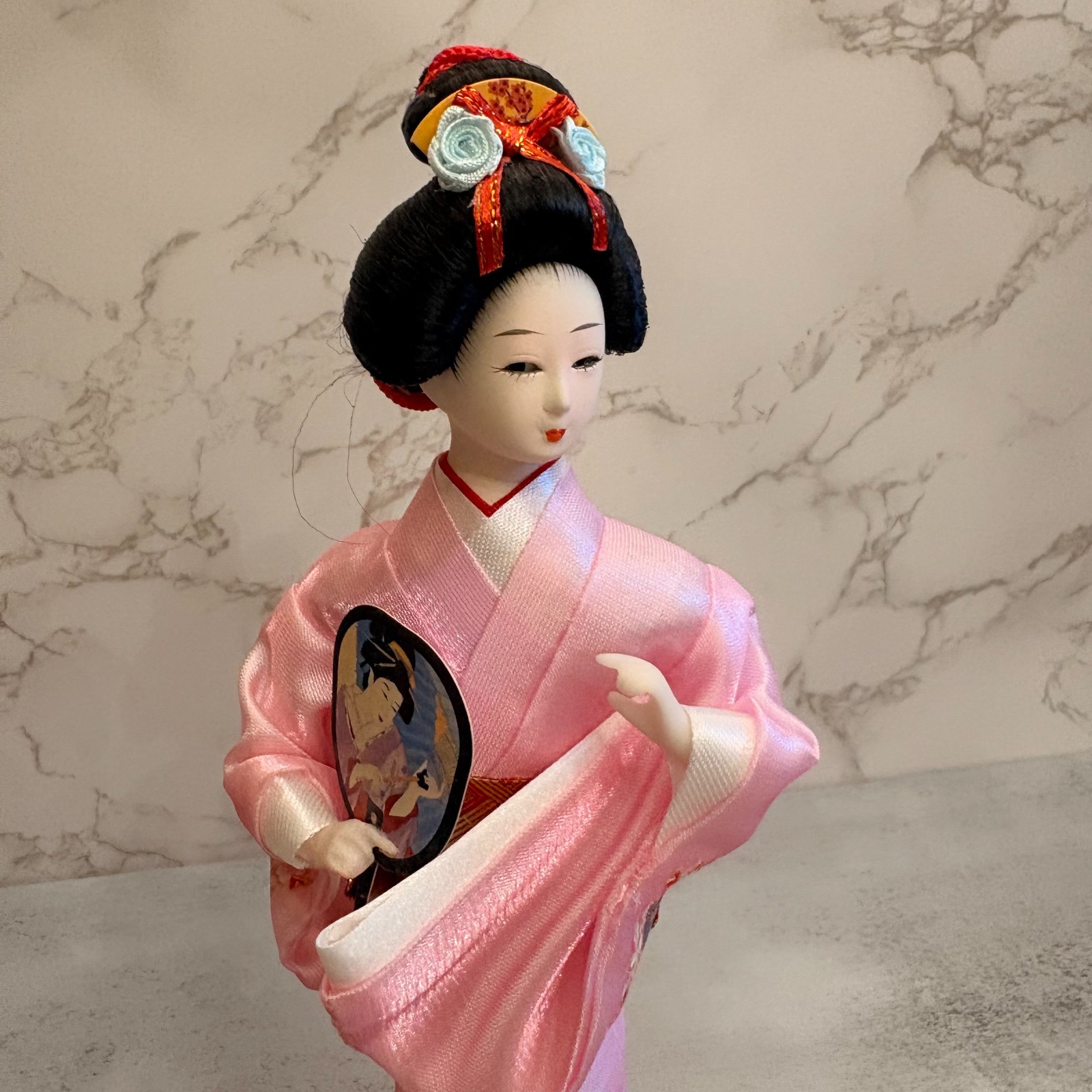 Japanese Geisha Style Doll Pink Floral Kimono Fan 9.5\