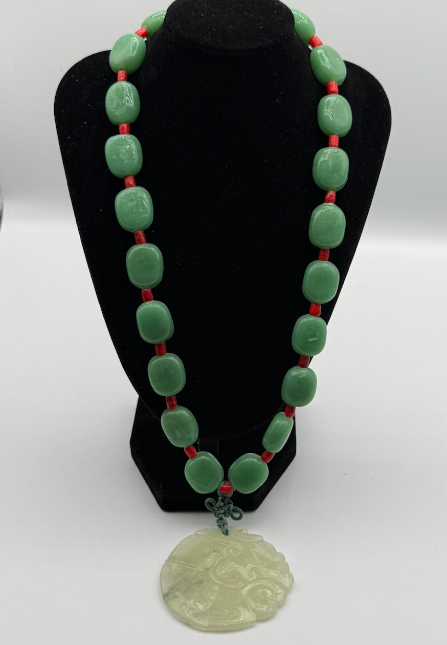 Vtg Chinese Carved Celadon Jade Phoenix Pendant Necklace Nugget Beads