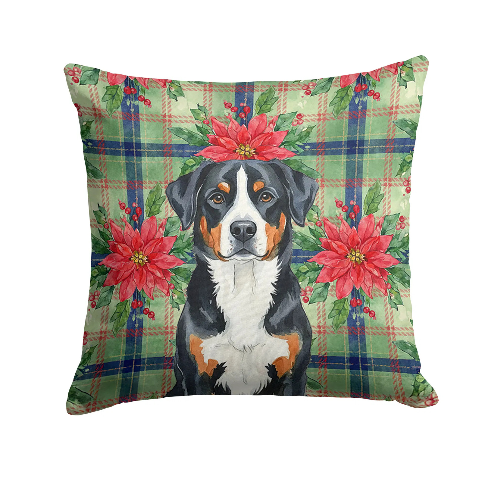 Greater Swiss Mountain Dog Christmas Poinsettias Throw Pillow - For Pets