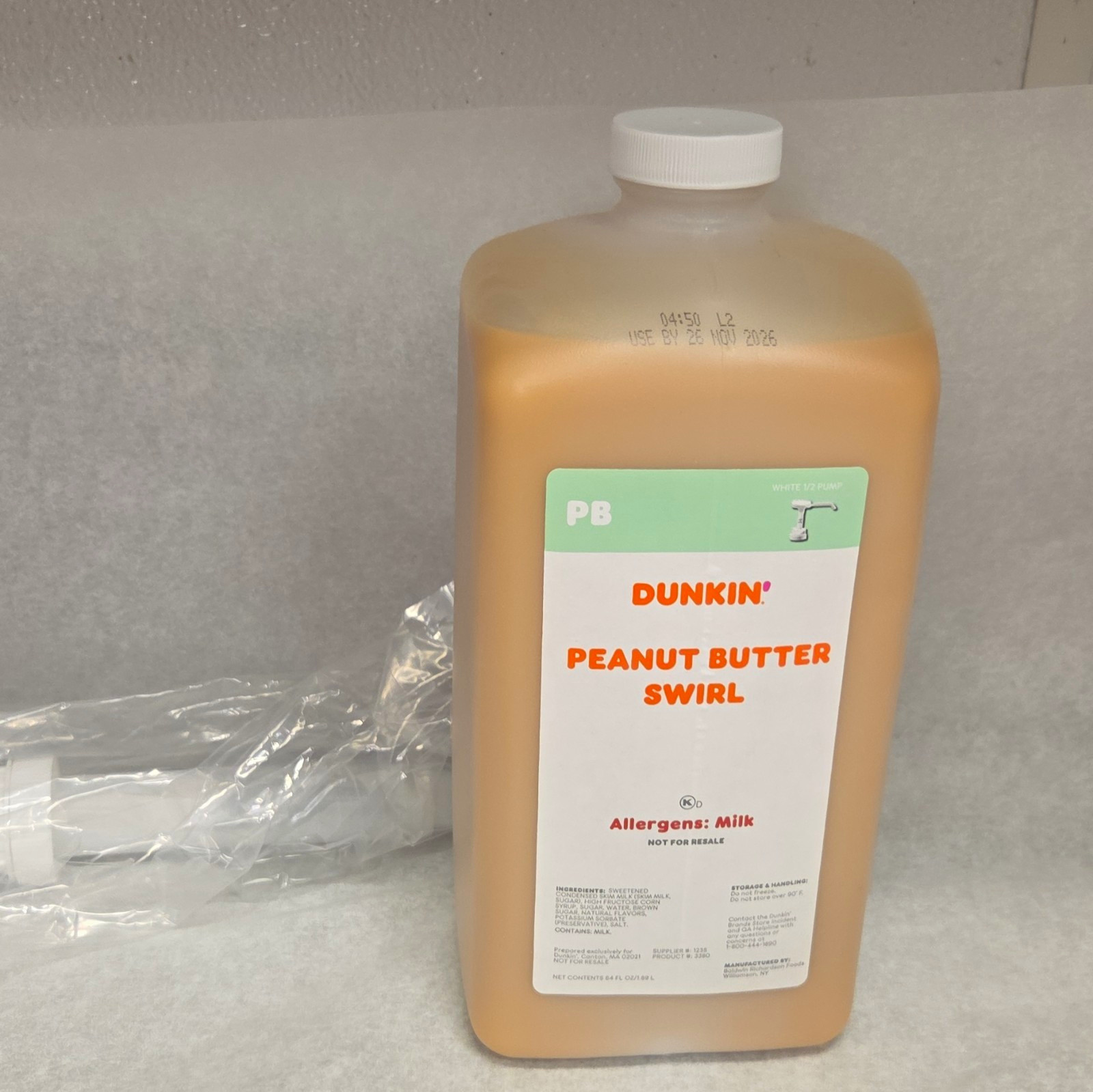 Dunkin' Peanut Butter Swirl Coffee Syrup 64 oz Jug Kosher Exp Nov 26 2026 Dunkin' Peanut Butter Swirl Coffee Syrup 64 oz Jug Kosher Exp Nov 26 2026