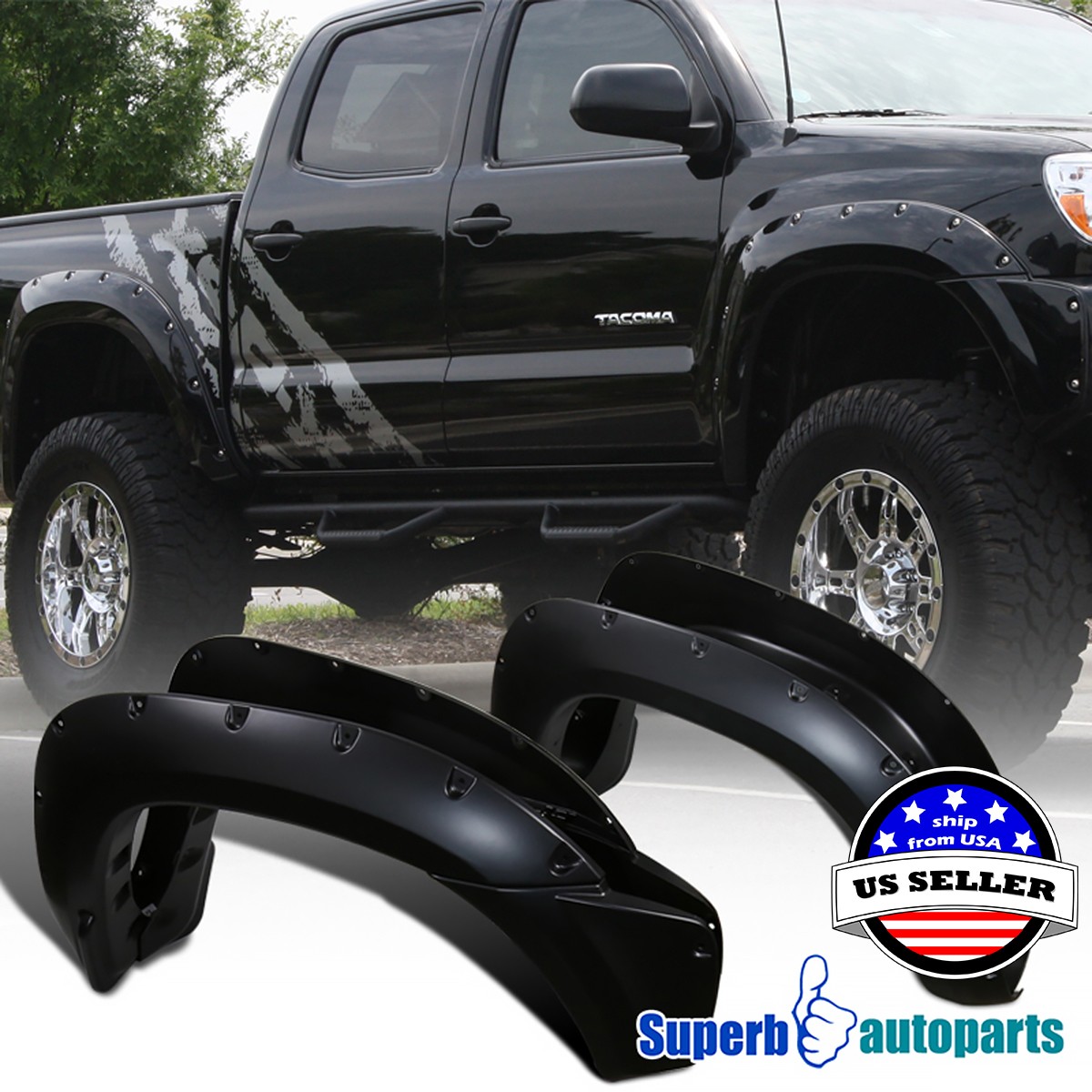 Fits 2012-2015 Toyota 12-15 Tacoma 4PC Black Sporty Pocket Rivet Fender Flares Fits 2012-2015 Toyota 12-15 Tacoma 4PC Black Sporty Pocket Rivet Fender Flares