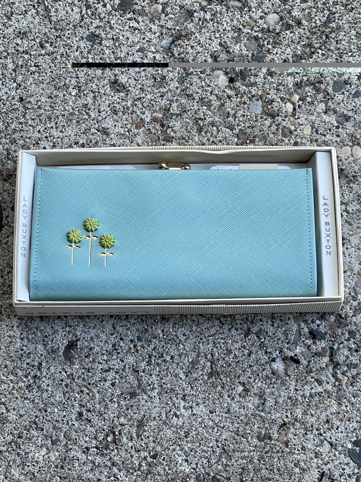 Vintage 1960s Lady Buxton Aqua Blue Leather Wallet Floral Kiss Lock NIB Box