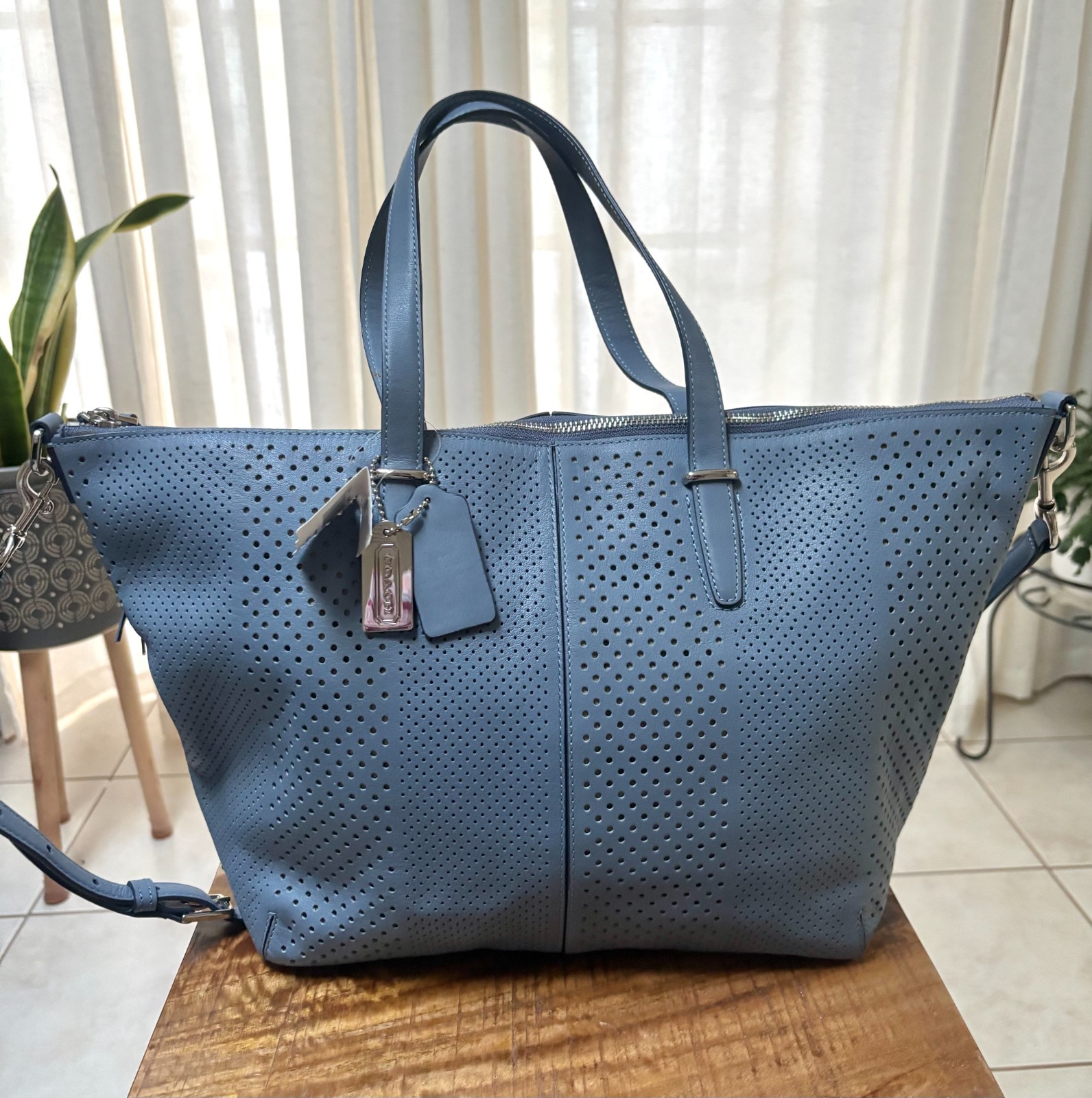 COACH 27913 Bleecker Cooper Satchel Perforated Leather Cornflower Blue NWT