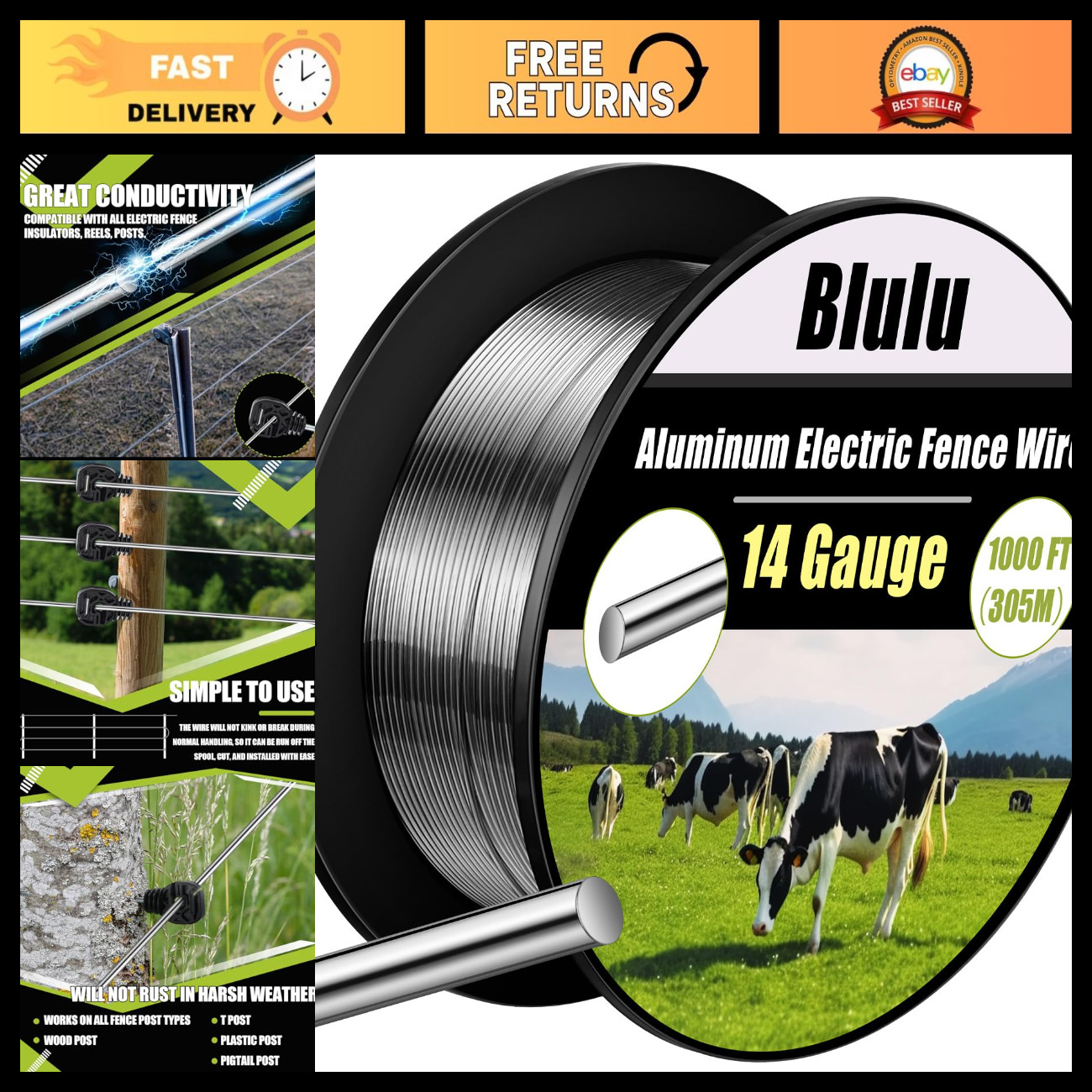14 Gauge Aluminum Electric Fence Wire, High Conductivity, 1000 ft Roll, Durable