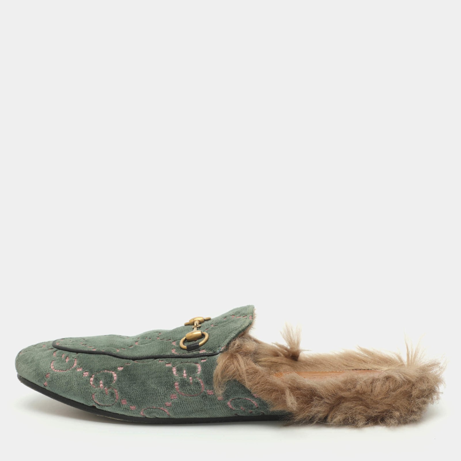Gucci Princetown Size 40 Green GG Velvet and Fur Lined Flat Mule