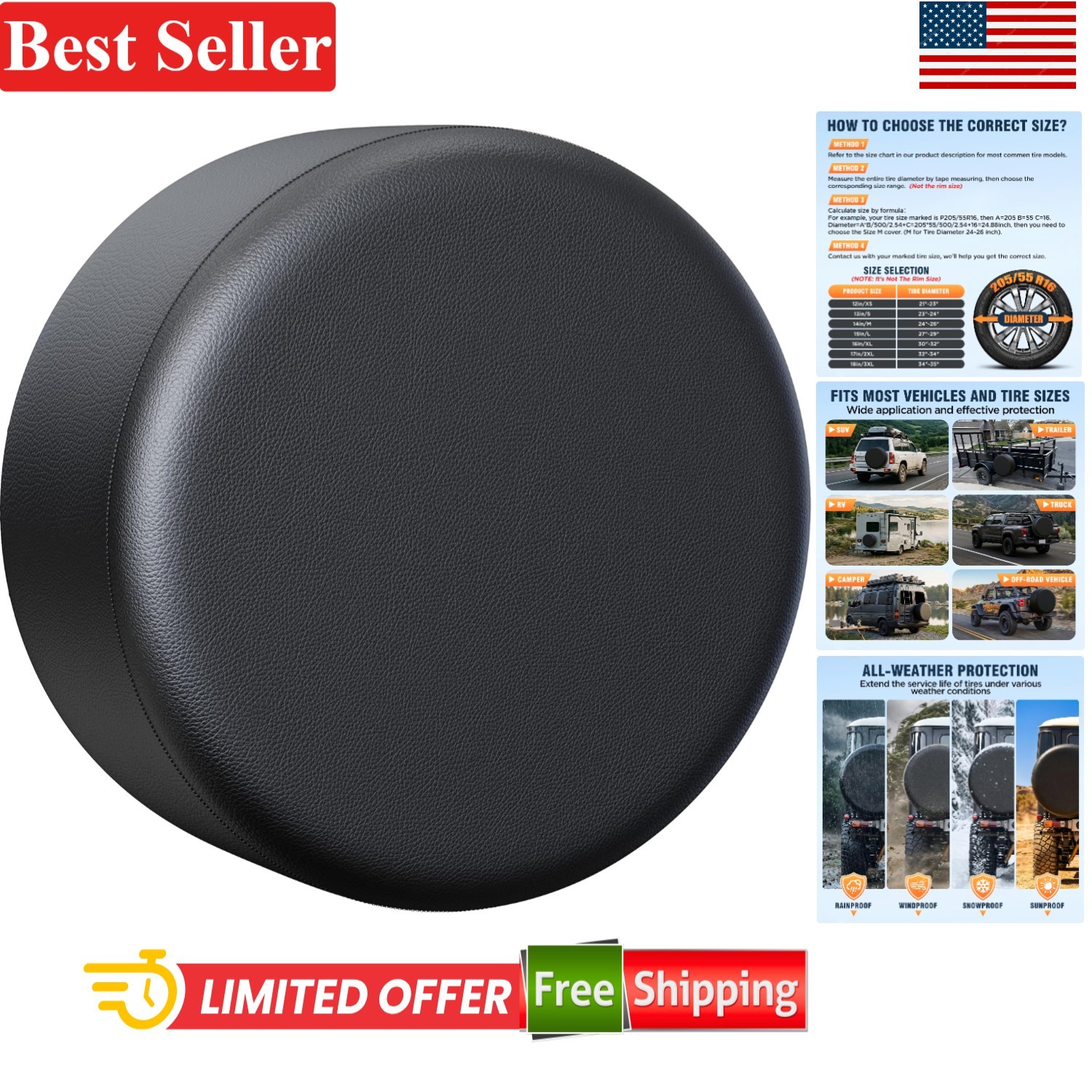 PVC Leather Spare Tire Wheel Cover for 30-32 Inch Diameter Vehicles
