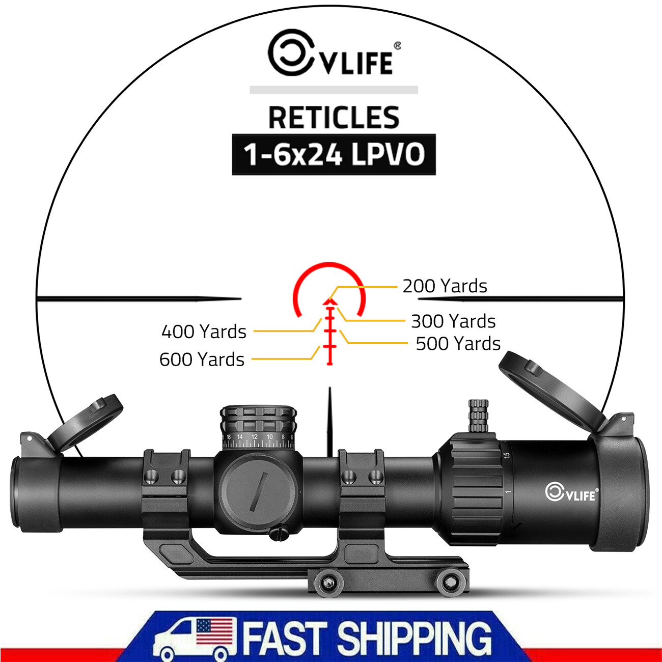 1-6x24 LPVO Rifle Scope Red Illuminated Circle Dot BDC Reticle Fits .223/5.56mm