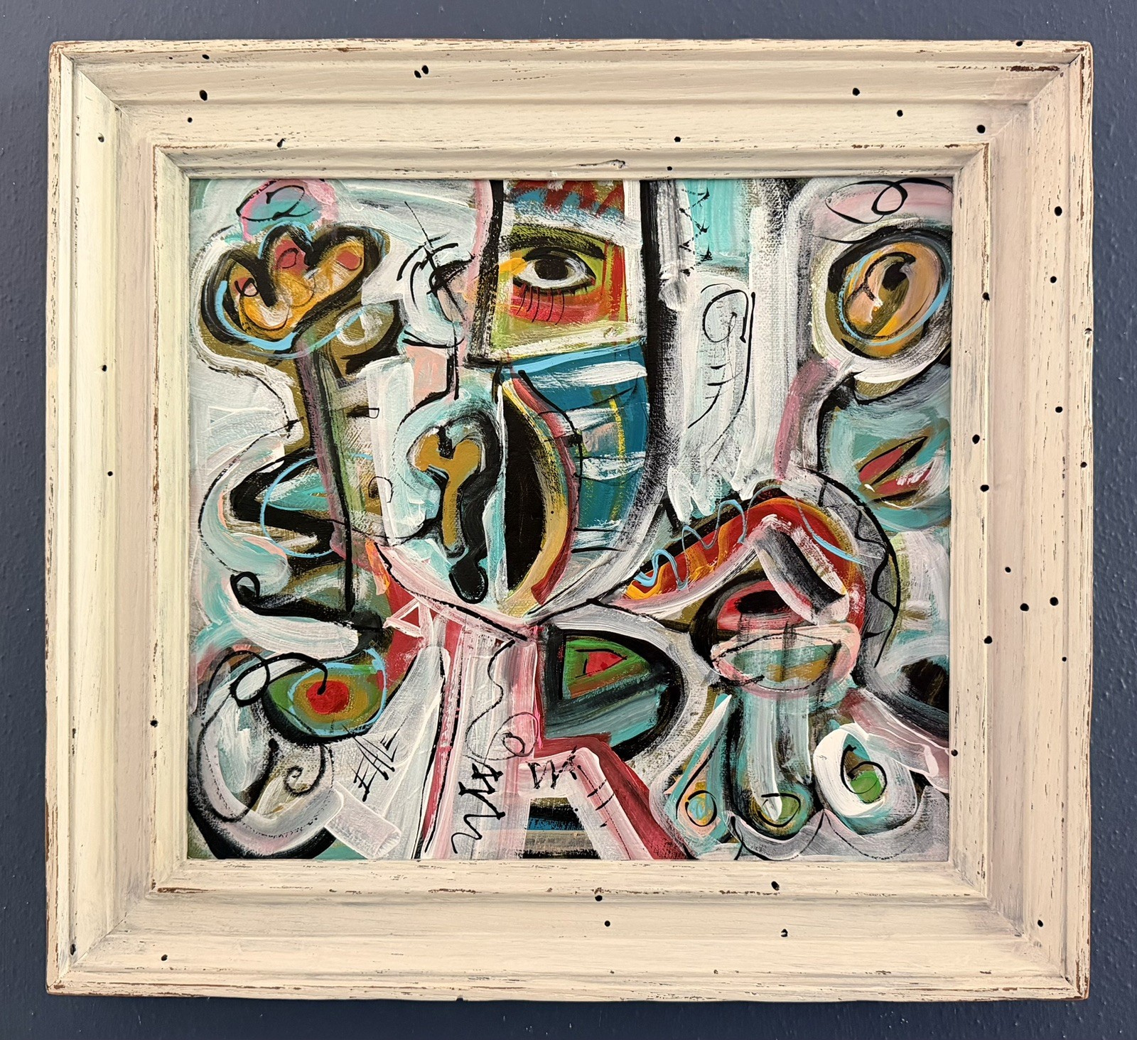 Mid Century Modern Style Abstract Surrealism Painting Vintage Frame By Ehle