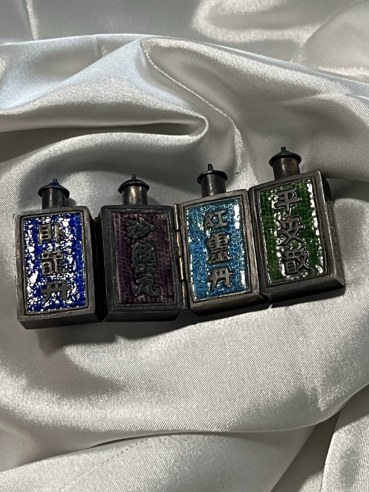Antique/ Vintage Hinged Folding Snuff Bottles Chinese Sterling Silver Enamel