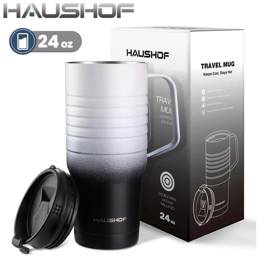 HAUSHOF 24oz Travel Mug Stainless Steel Vacuum Insulated Double Wall with Handle HAUSHOF 24oz Travel Mug Stainless Steel Vacuum Insulated Double Wall with Handle