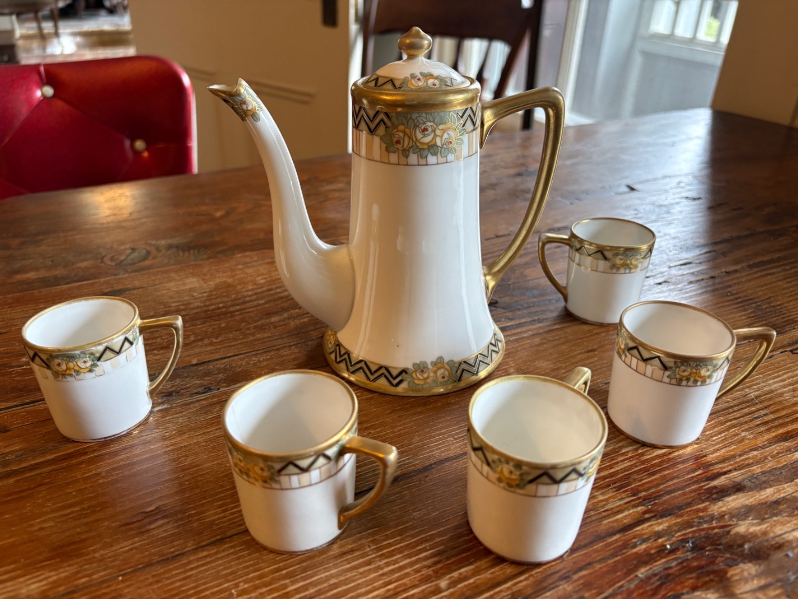 Antique Nippon demitasse hand painted art deco coffee pot and five cups Antique Nippon demitasse hand painted art deco coffee pot and five cups