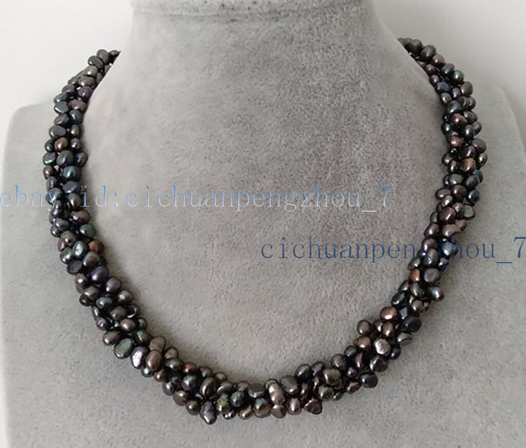 4 Strands Natural 4-6mm Black/Gray Freshwater Baroque Pearl Necklace 18\'\'