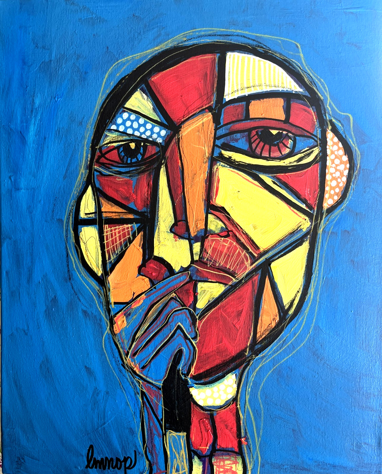 Abstract Art Original Signed Cubist Face Canvas Painting 16x20 Contemporary Art
