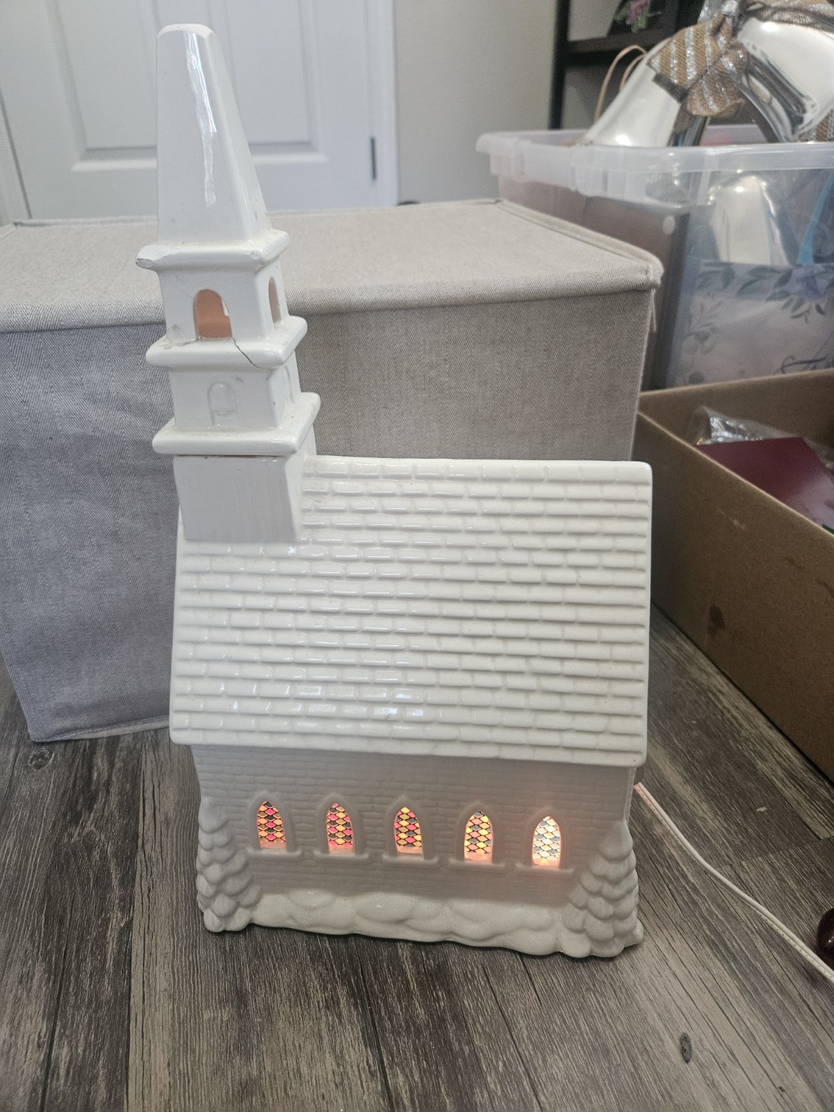 vintage-style lighted white ceramic Christmas village church Working Music Box