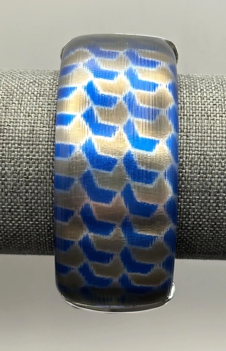Alexis Bittar Signed Blue Silver Tone Chevron Lucite Cuff Bracelet Handcarved