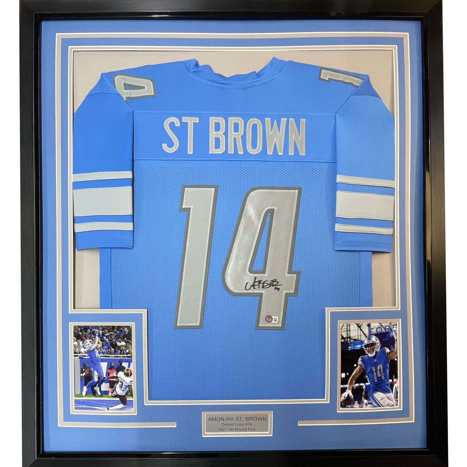Framed Autographed/Signed Amon-Ra St. Brown 35x39 Detroit Blue Jersey COA