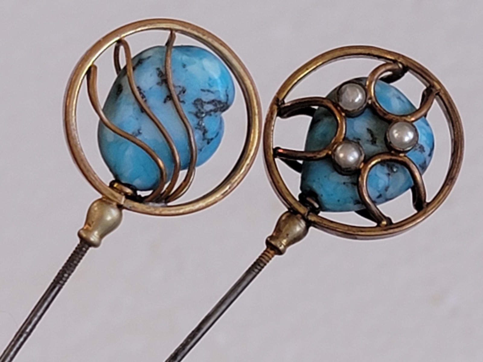 ANTIQUE HATPIN SET BRASS or GOLD-PLATED W TURQUOISE STONES & THREADED PIN STEMS