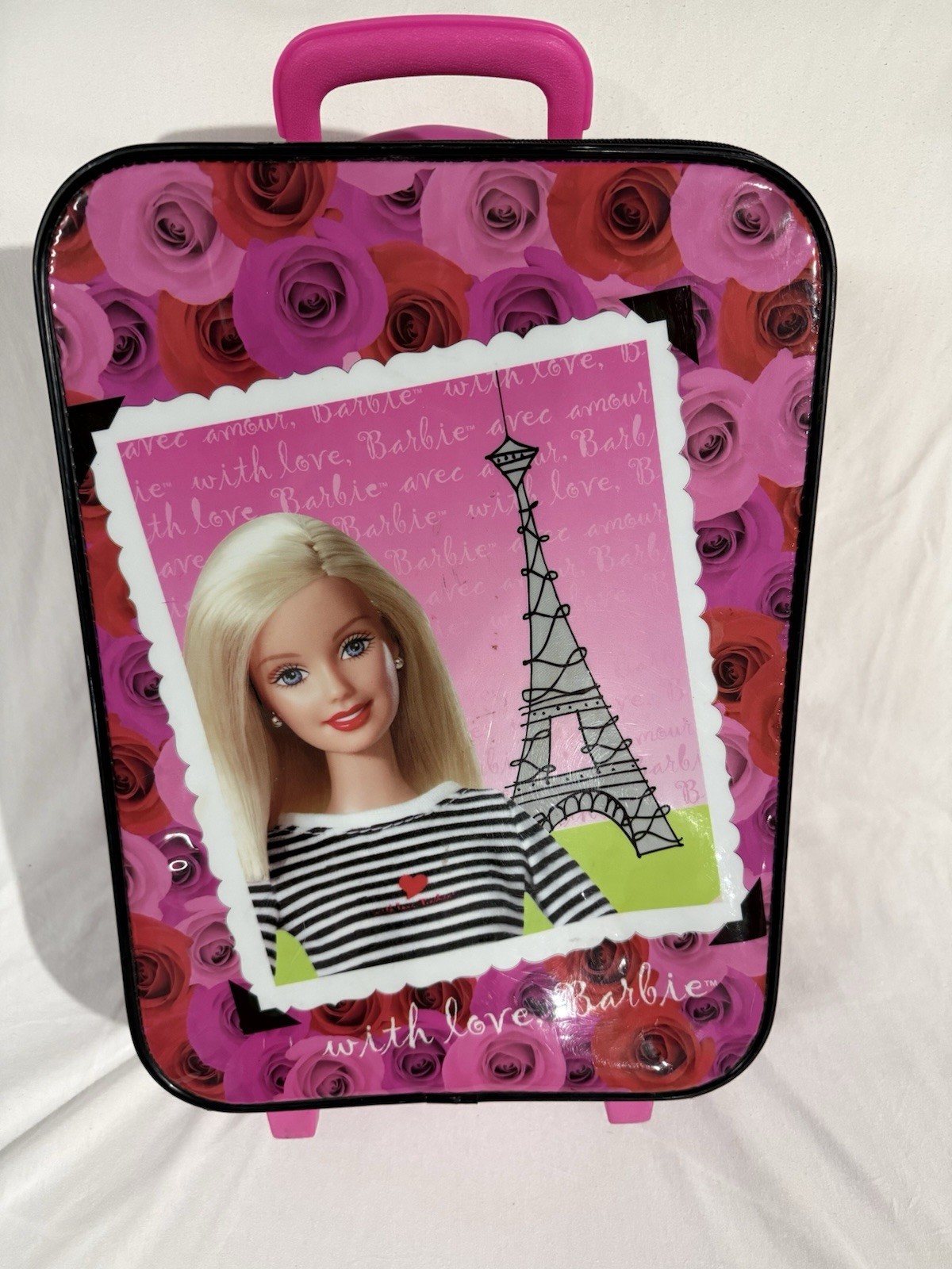 Vintage 2001 Barbie Pink/Black Floral Suitcase w/ Wheels & Retractable Handle Vintage 2001 Barbie Pink/Black Floral Suitcase w/ Wheels & Retractable Handle