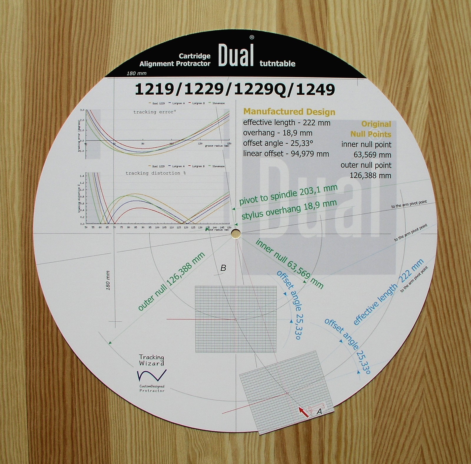 Dual 1219/1229/1229Q/1249 Turntable Tonearm Cartridge Alignment Protractor