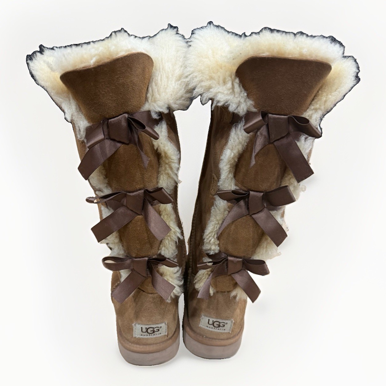 UGG Australia Bailey Bow Tall Boots Womens 8 Chestnut Suede Triple Bow 1007308