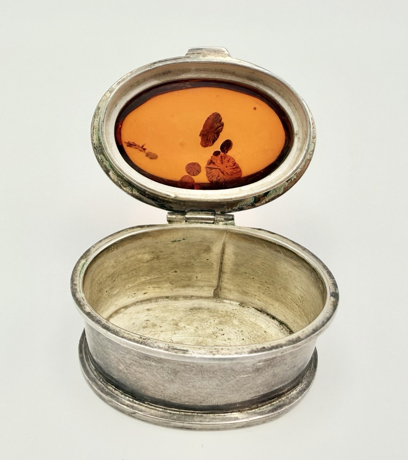 Antique Sterling Silver Natural Baltic Amber Pill Trinket Box Poland 1920s
