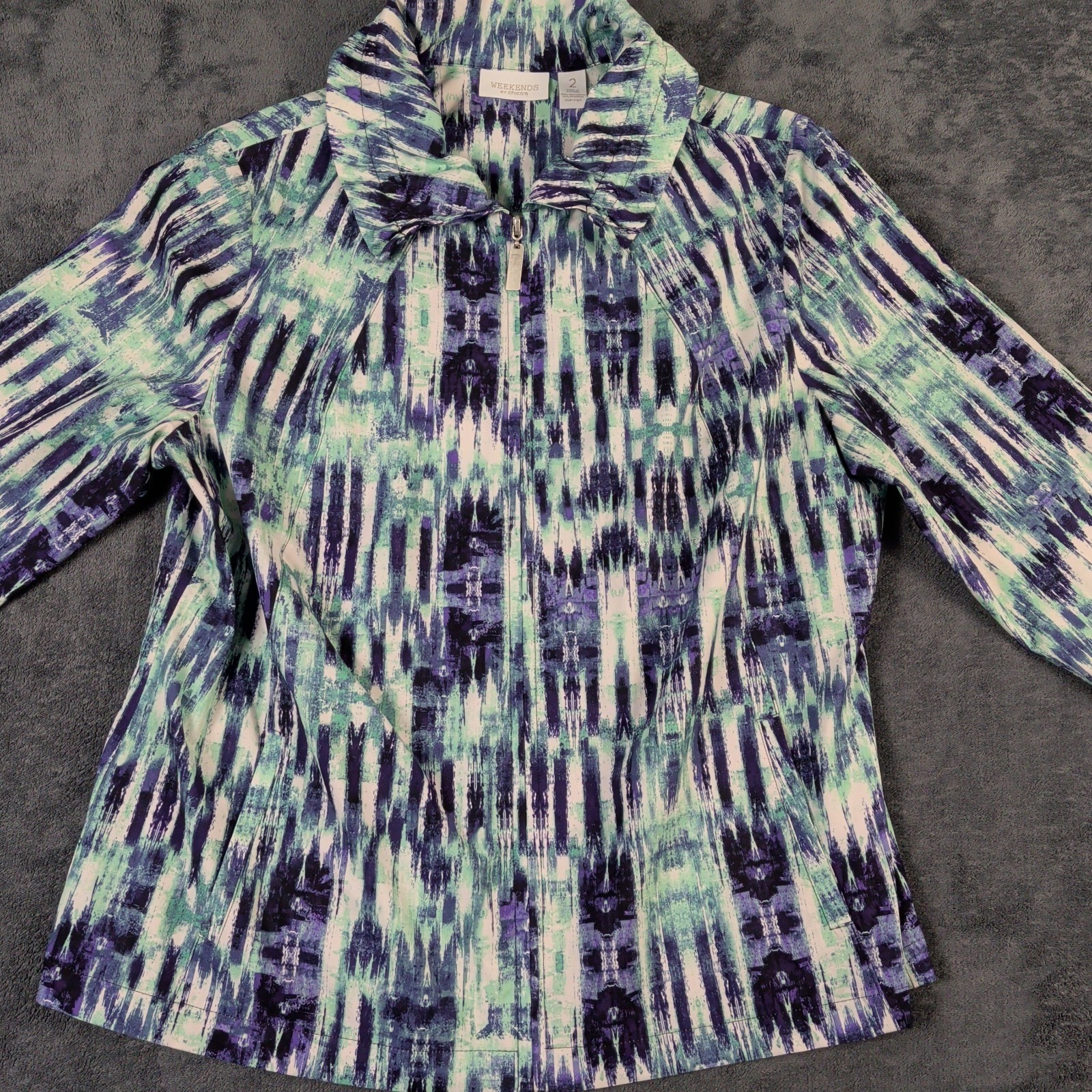 Weekends By Chicos Women Lightweight Jacket 2 Zip Multicolor Brush Stroke Print Weekends By Chicos Women Lightweight Jacket 2 Zip Multicolor Brush Stroke Print