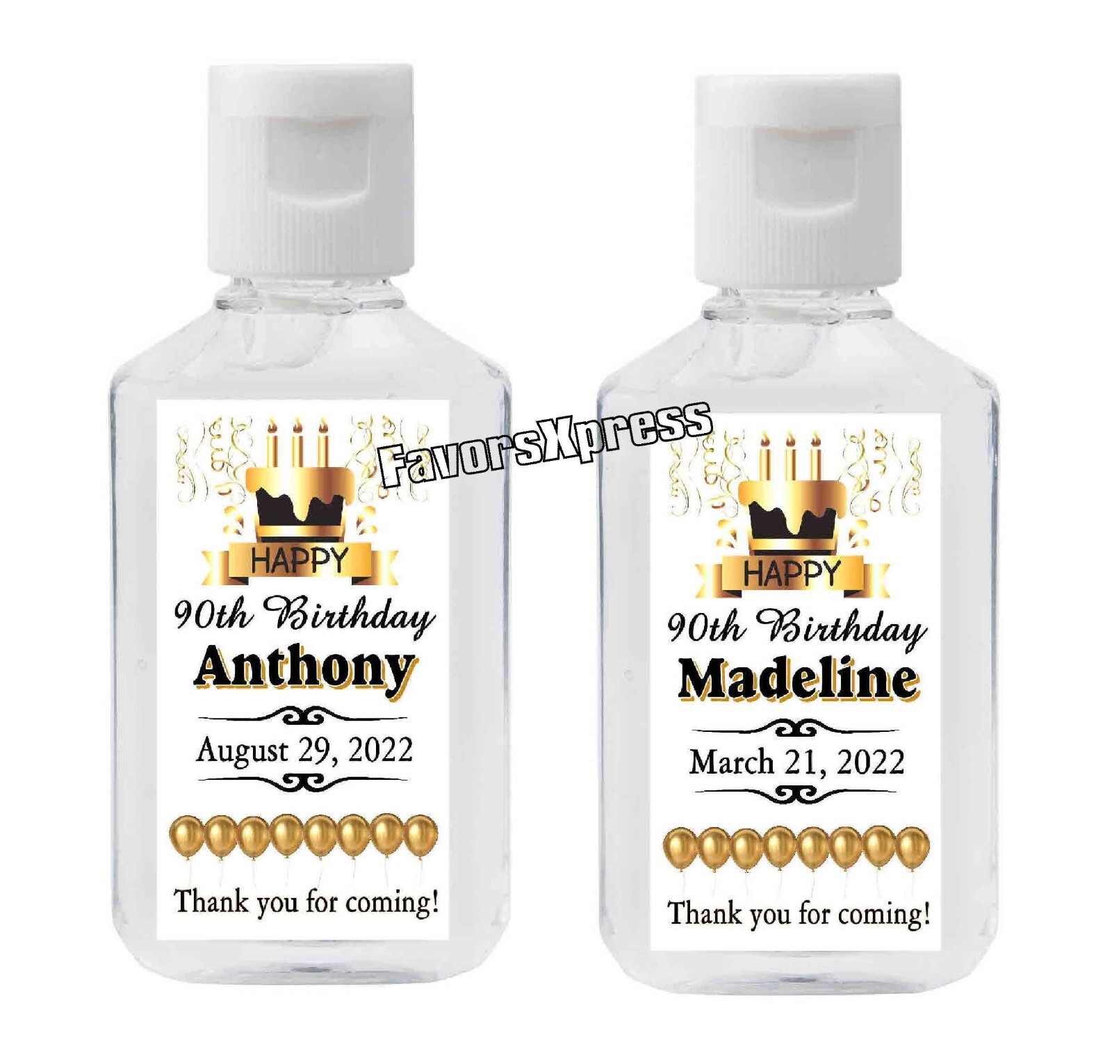 GOLD 90th BIRTHDAY PARTY FAVORS HAND SANITIZER LABELS -  PERSONALIZED