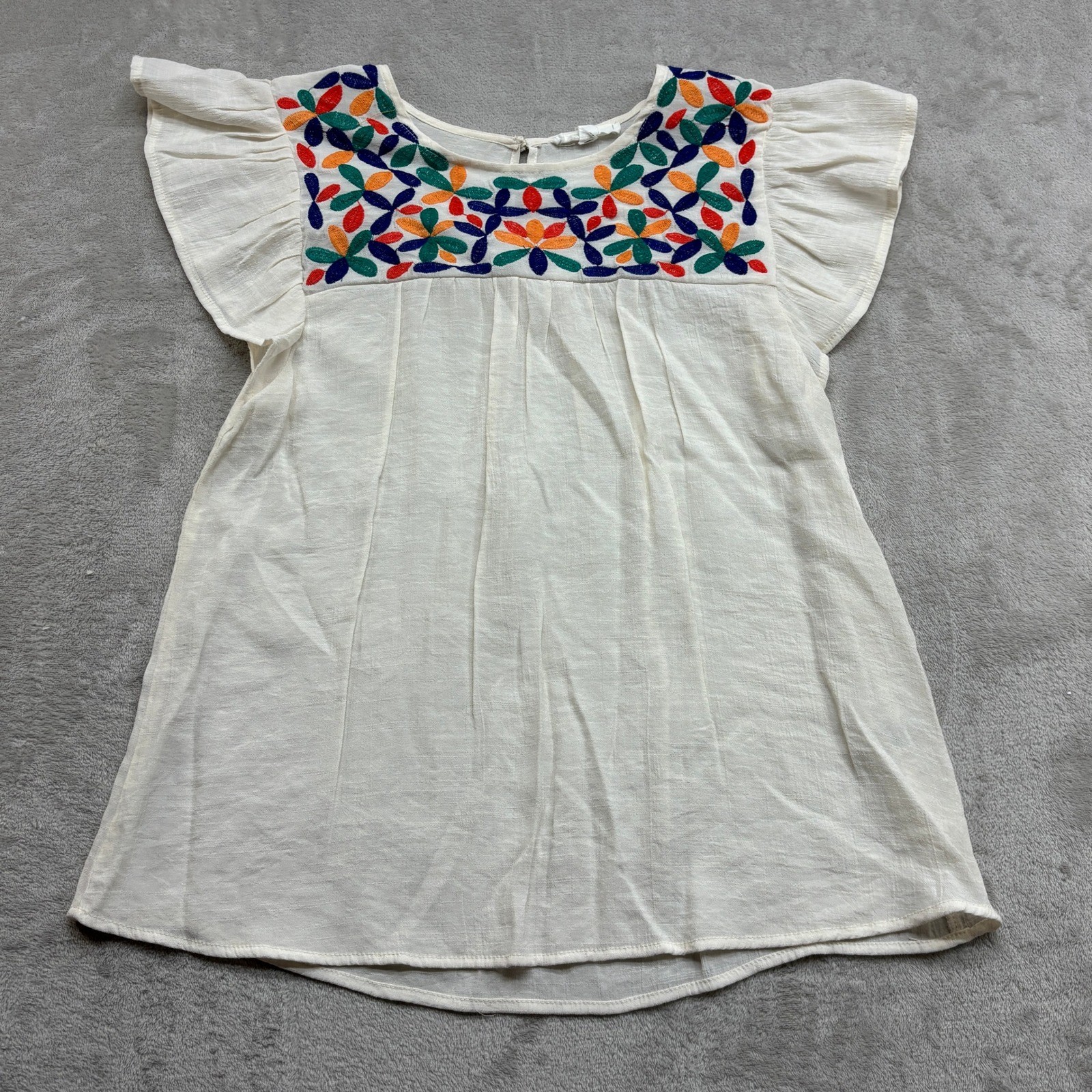 MINE Embroidered Blouse Women L White Floral Flutter Sleeve Boho Peasant Festiva