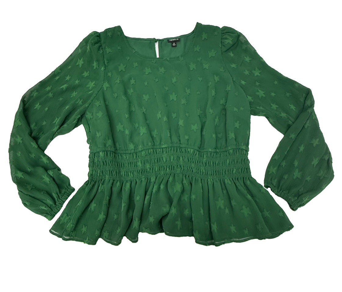 TORRID 2X Green Star Print Peplum Blouse Smocked Waist Sheer Puff Sleeve