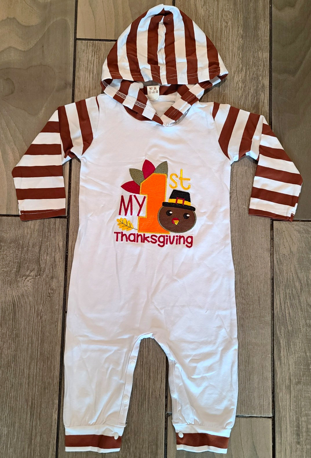Baby Hooded Long Sleeve Romper Striped Embroidered Thanksgiving 12-18M