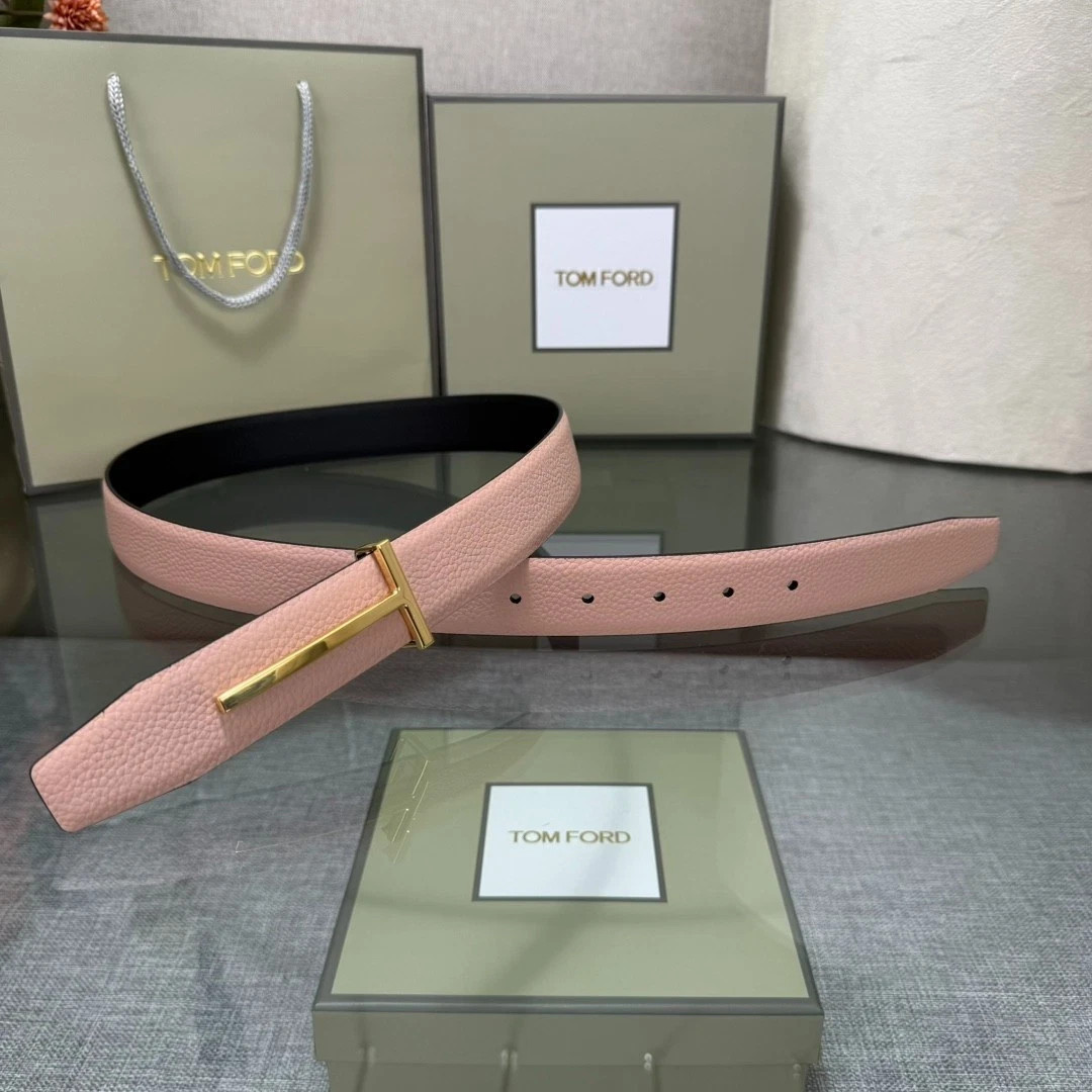 TOM FORD Pink Pebbled Leather Belt Gold T Buckle 25mm Men\'s Women\'s w/ Box