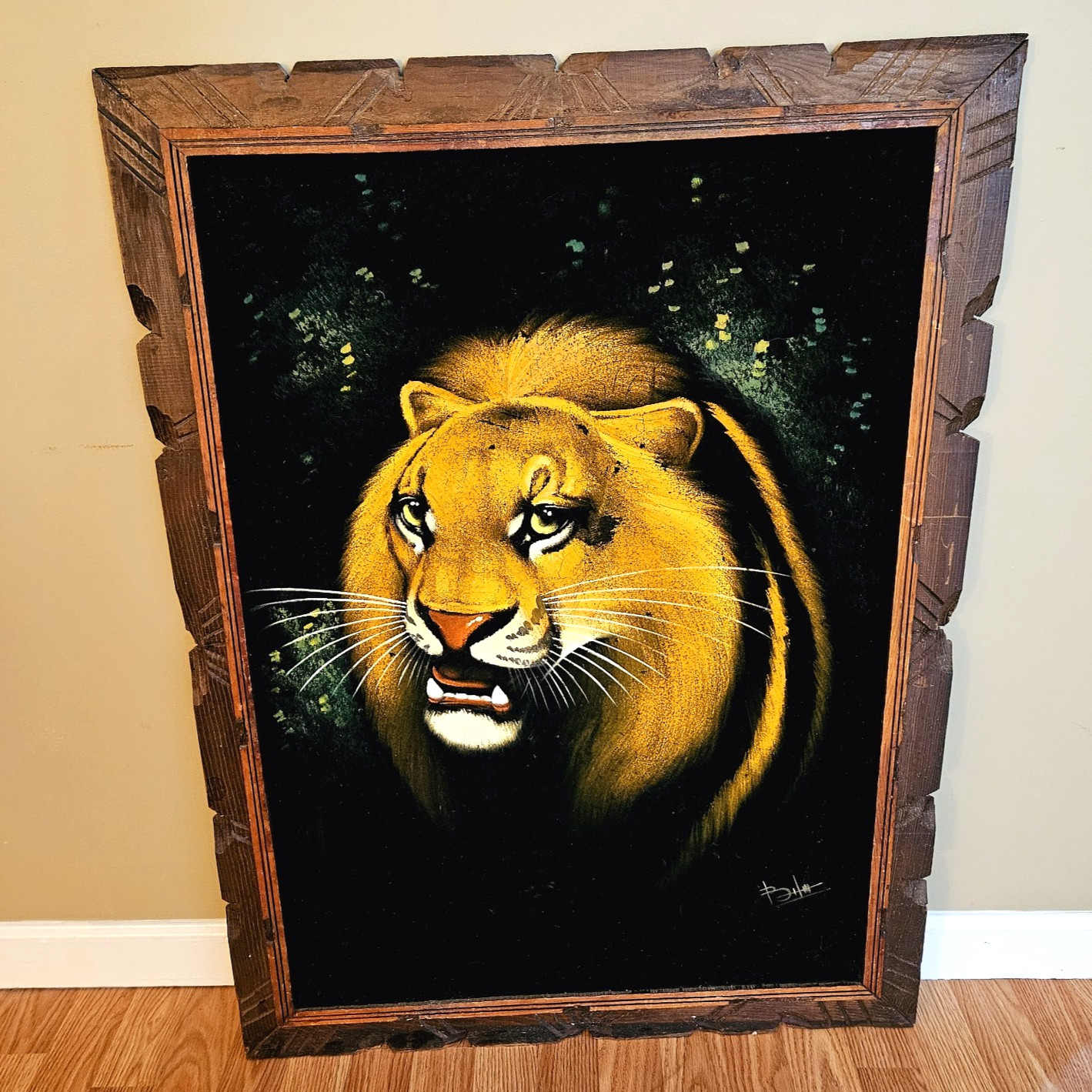 Vintage 70s Black Velvet White Tiger Painting Signed Wooden Folk Art Framed