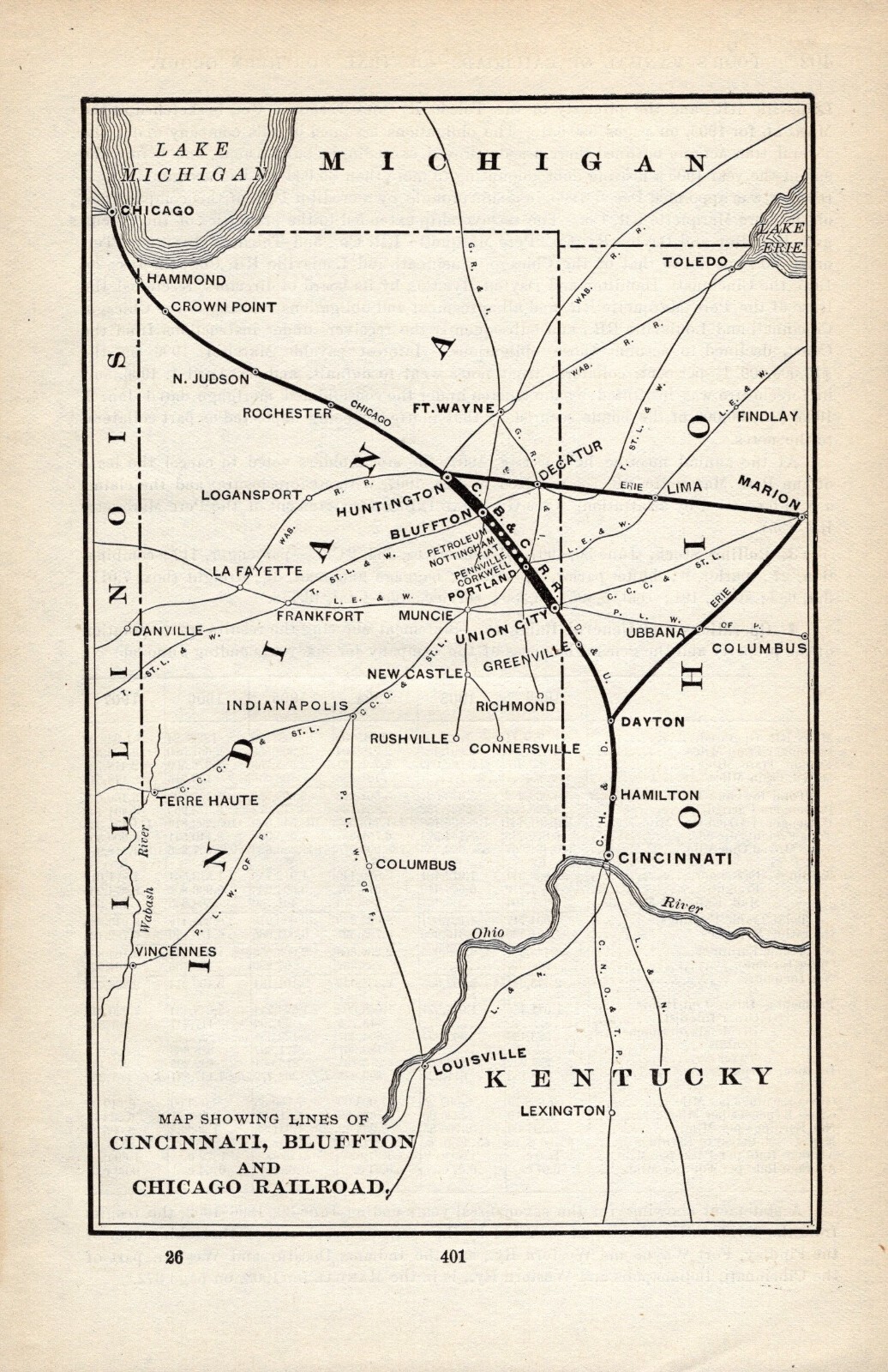 1908 Cincinnati Bluffton and Chicago Railroad Map Vintage Railway Map   1626