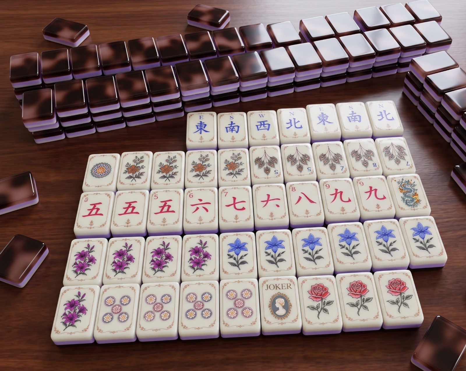 HOT Botanical Floral Mahjong Tile Set Tortoiseshell Back Cameo Joker Tile Set