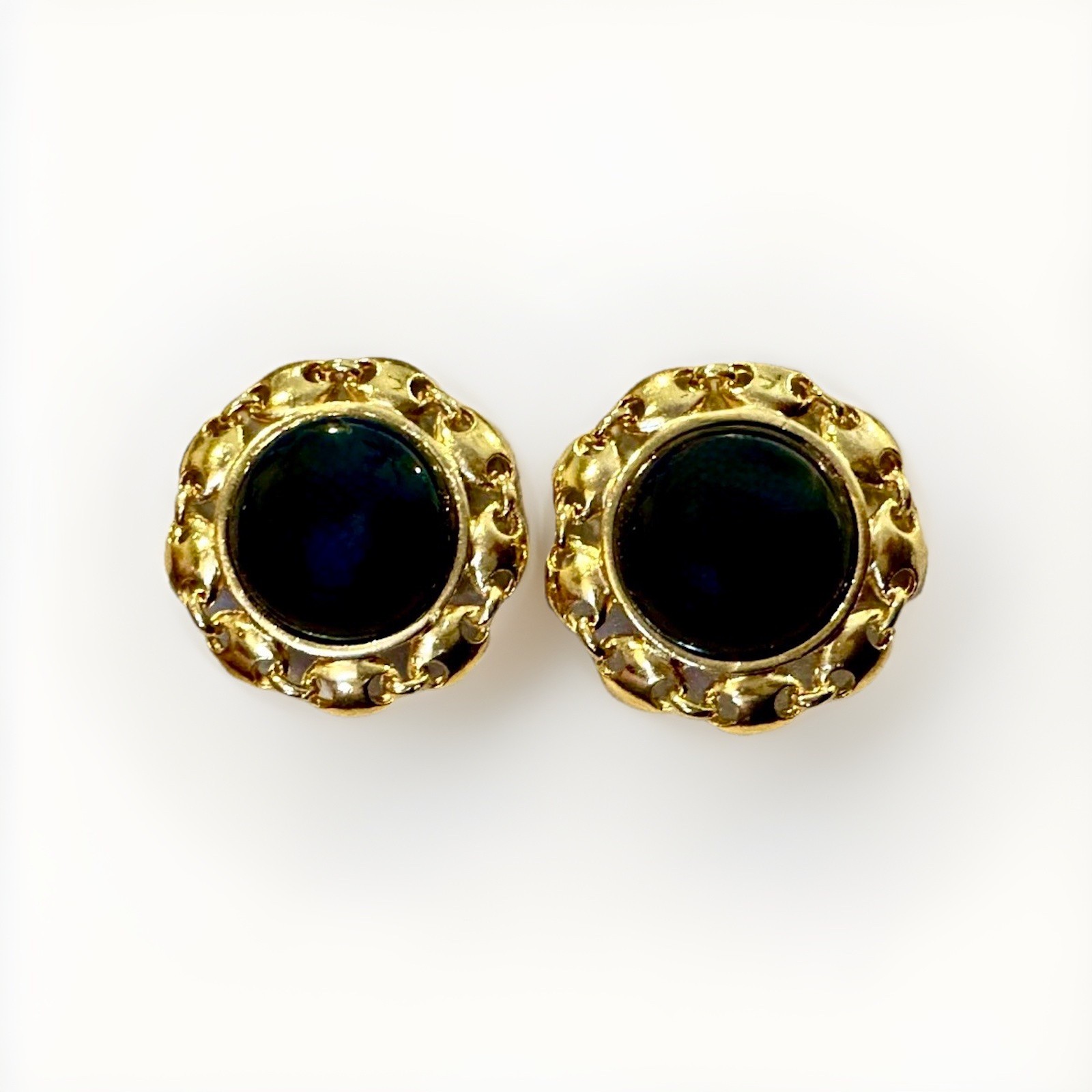 Vintage Paolo Gucci Earrings Black Button Cabochon Gold Link Border Runway 1.5”