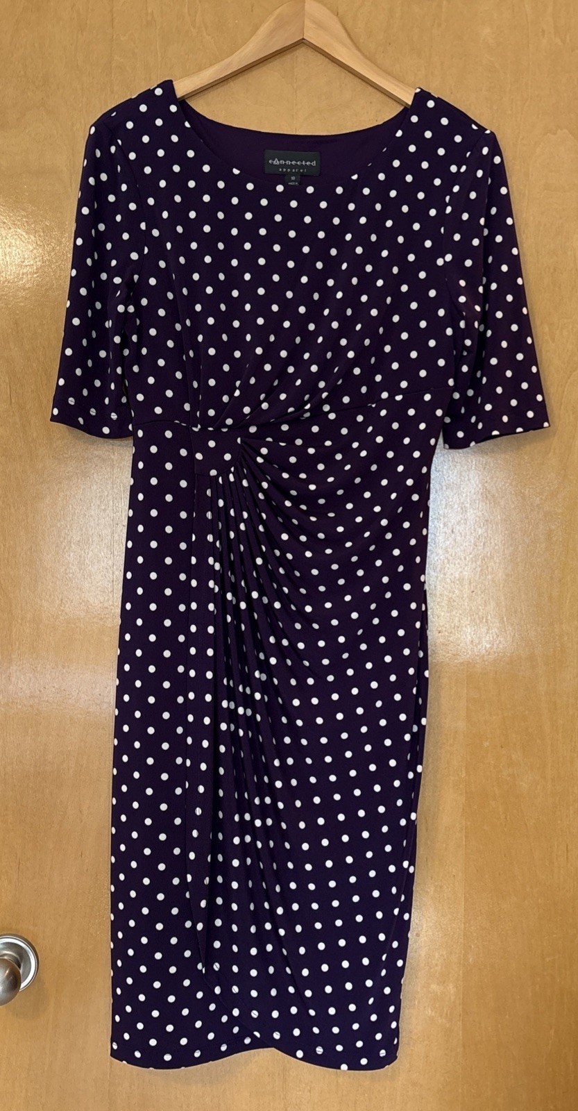 Connected Apparel Purple/Cream Polka Dots Ruched Side Short Sleeve Dress Size 10