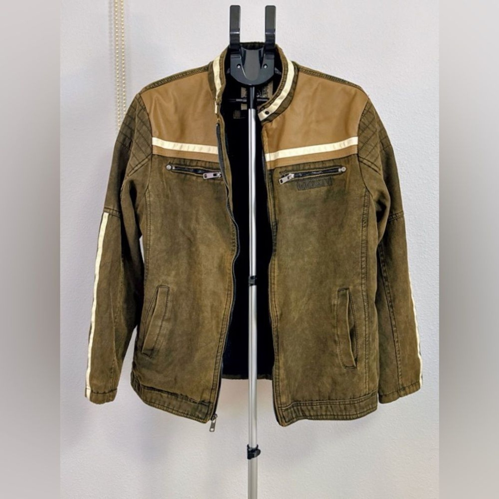 Bleu Grandeur Moto Jacket Mens XL Brown Distressed Faux Leather Racing Stripe