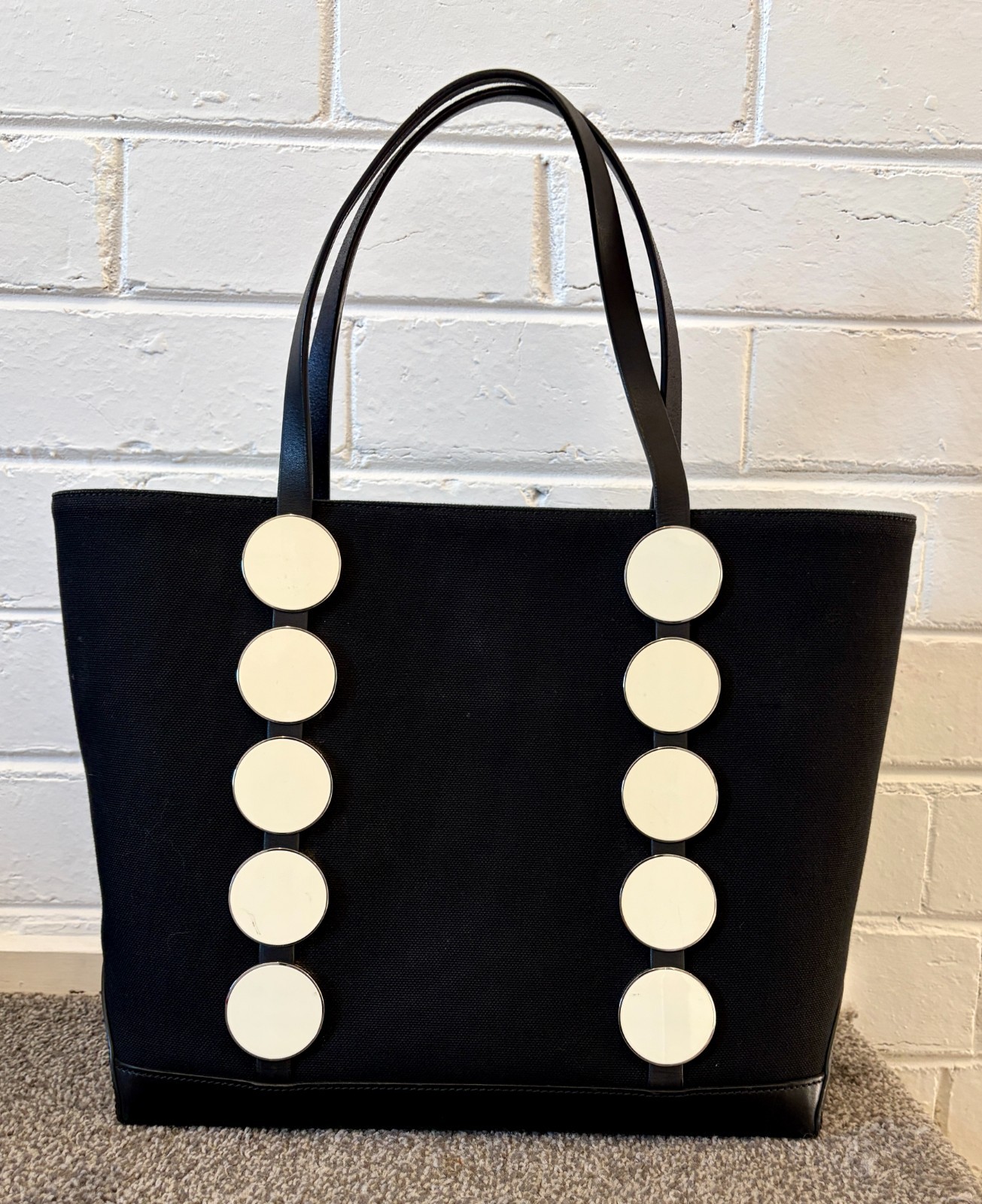 Genuine Manolo Blahnik Canvas Leather Shopper Tote Bag Handbag Excellent