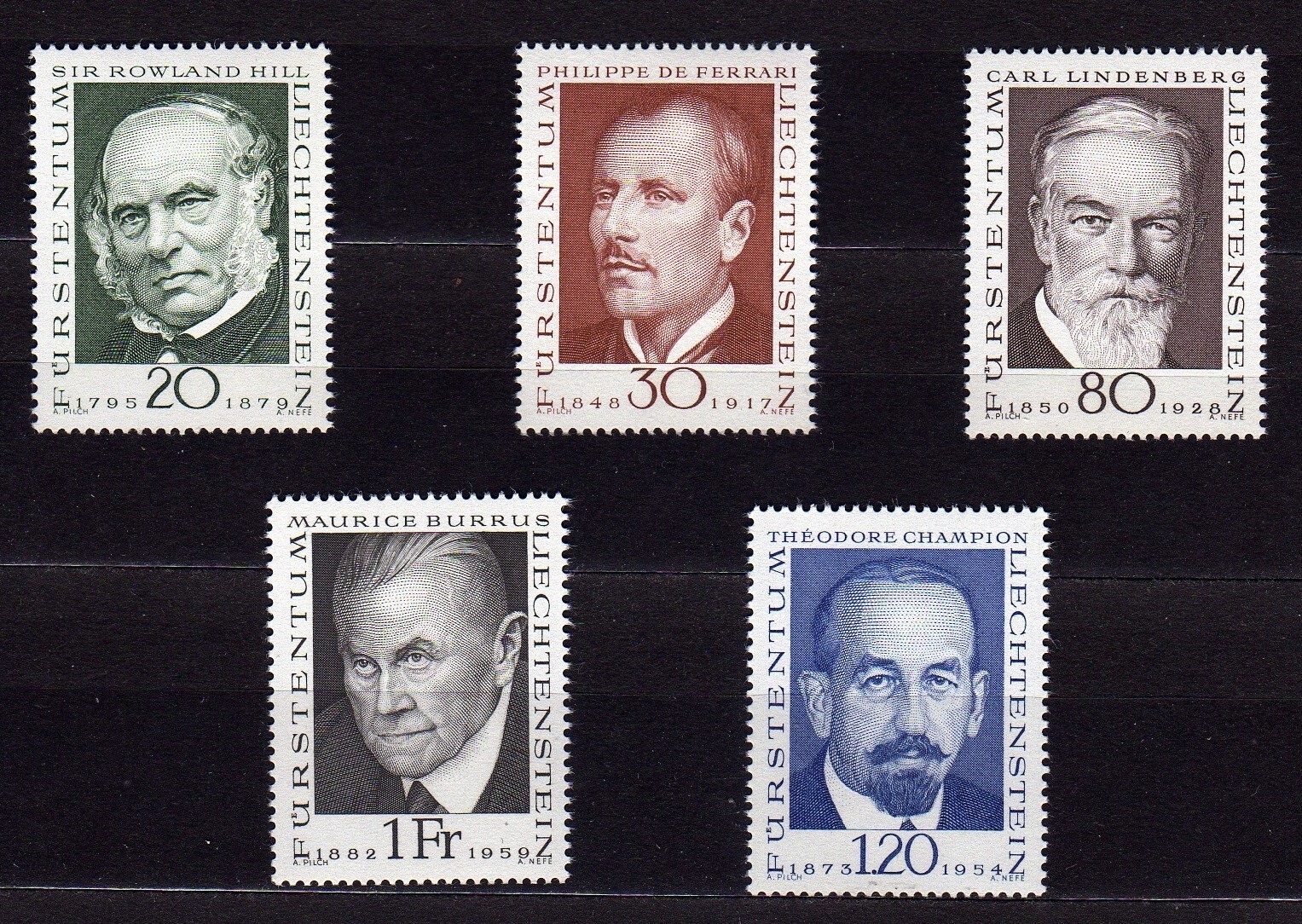 LIECHTENSTEIN #447-451 MNH PORTRAITS OF PIONEERS OF PHILATELY