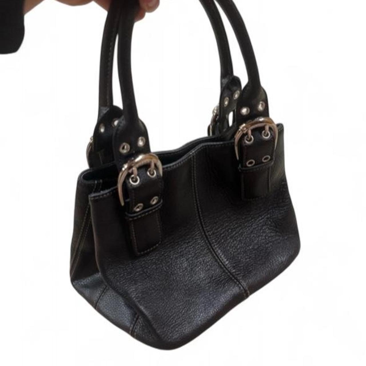 Tignanello Black Pebbled Leather Satchel Shoulder Bag Buckle Accents Vintage