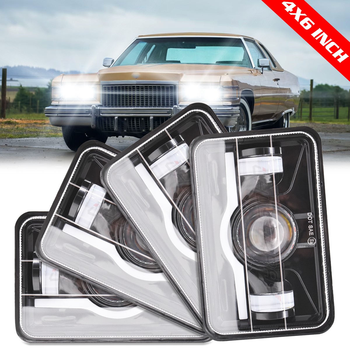 4pcs 4x6\'\' LED Headlights Hi-Lo W/DRL For Cadillac Fleetwood DeVille 1975-1986