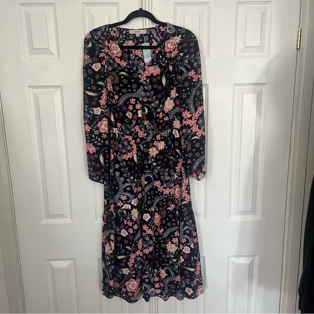 LOFT Petites Navy Pink Floral Paisley Smocked Waist Midi Dress LP New LOFT Petites Navy Pink Floral Paisley Smocked Waist Midi Dress LP New