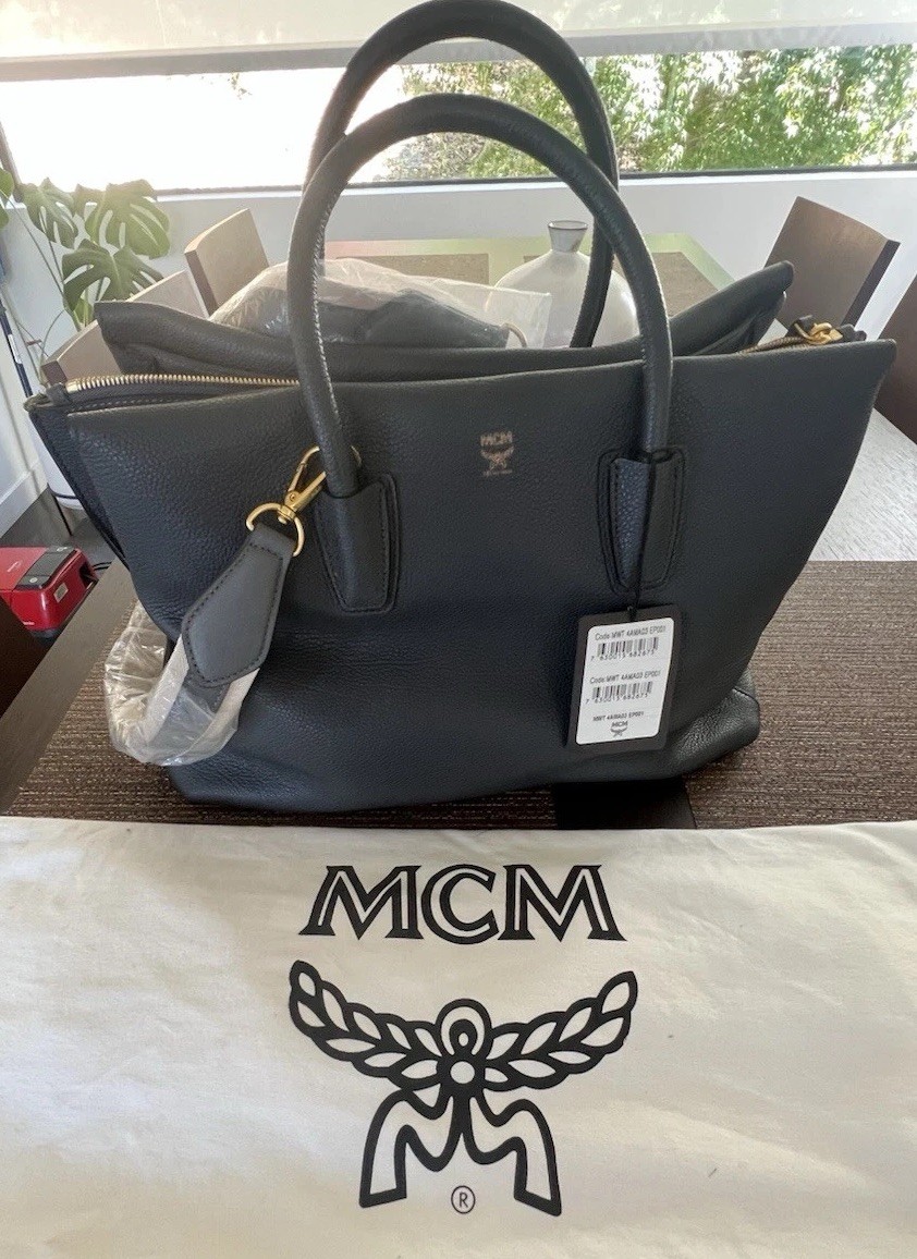 NWT MCM MILLA LARGE PHANTOM GREY LEATHER TOTE BAG