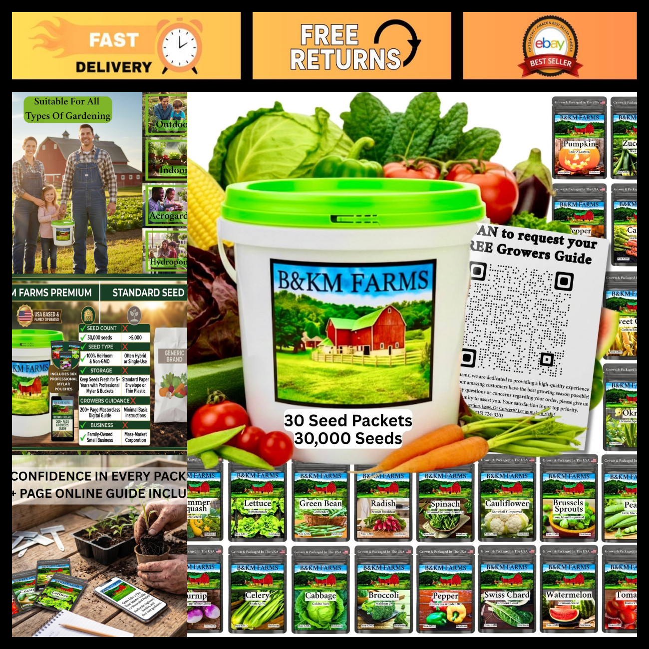 30,000+ Non-GMO Heirloom Seeds - 30 Fruit & Vegetable Varieties for Gardeners