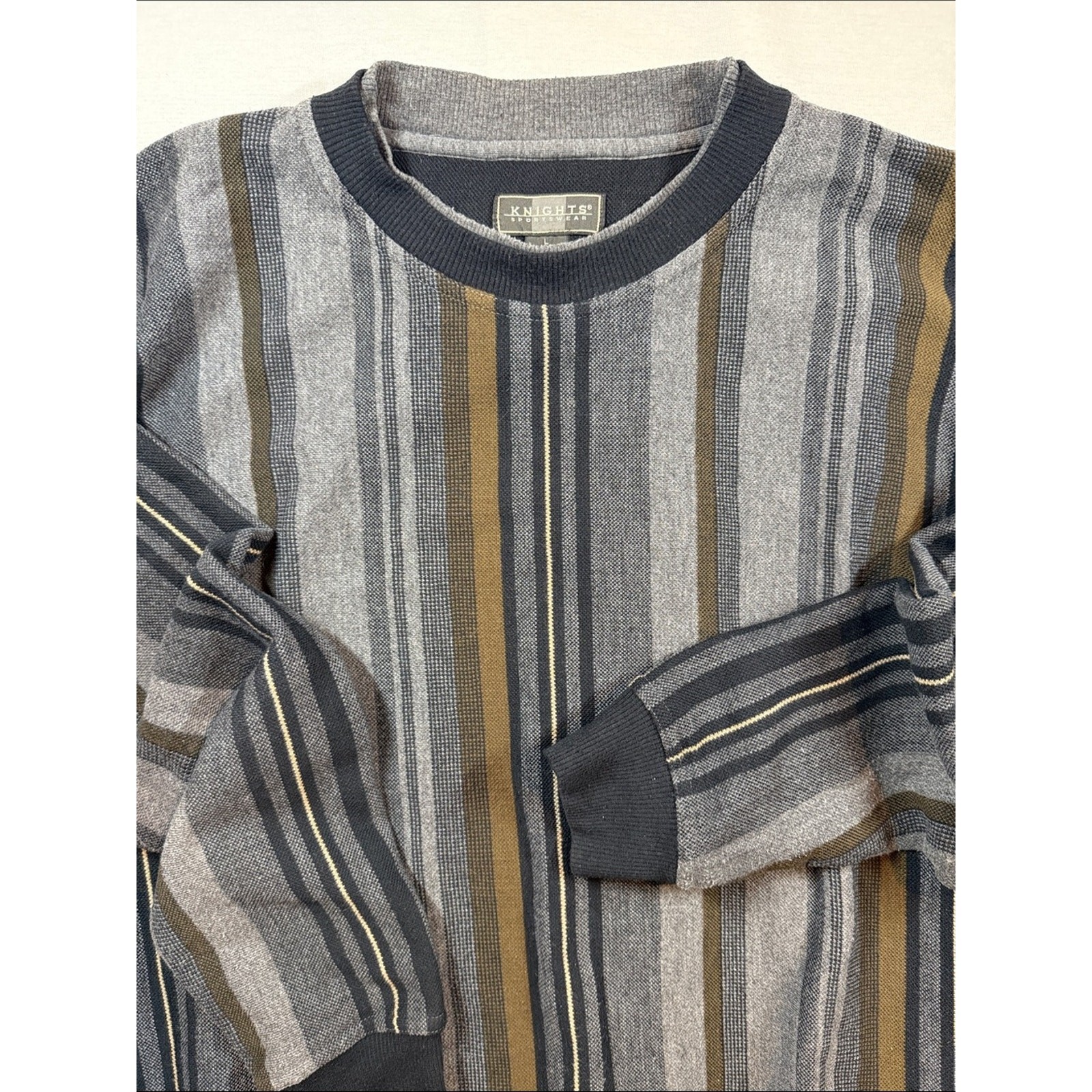 Knights Sportswear Crewneck Sweater Vintage 90s Vertical Stripe Gray Brown L