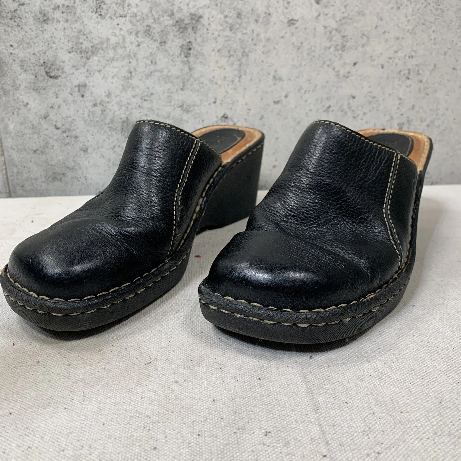 BORN Women\'s 8 Black Leather Slide Mules W3510 Wedge Platform heels BORN Women\'s 8 Black Leather Slide Mules W3510 Wedge Platform heels