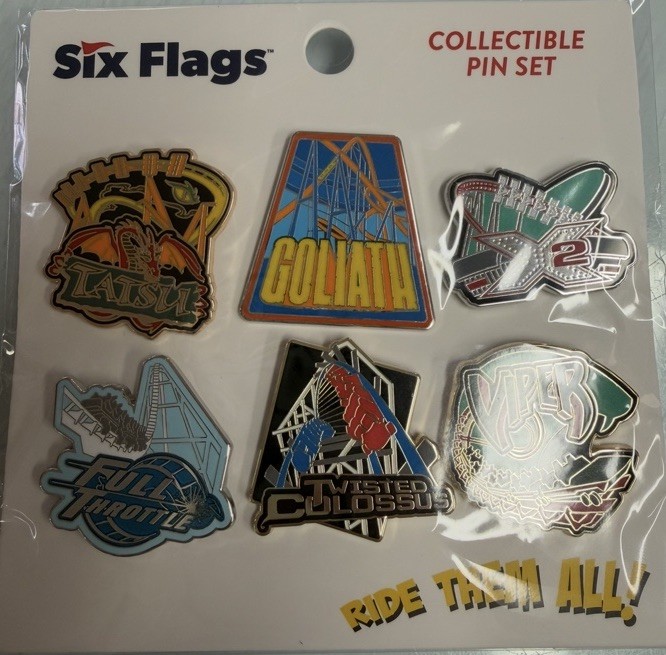 Six Flags Magic Mountain Collectible Pin Set Tatsu, X2, Goliath, Viper, Colossus Six Flags Magic Mountain Collectible Pin Set Tatsu, X2, Goliath, Viper, Colossus