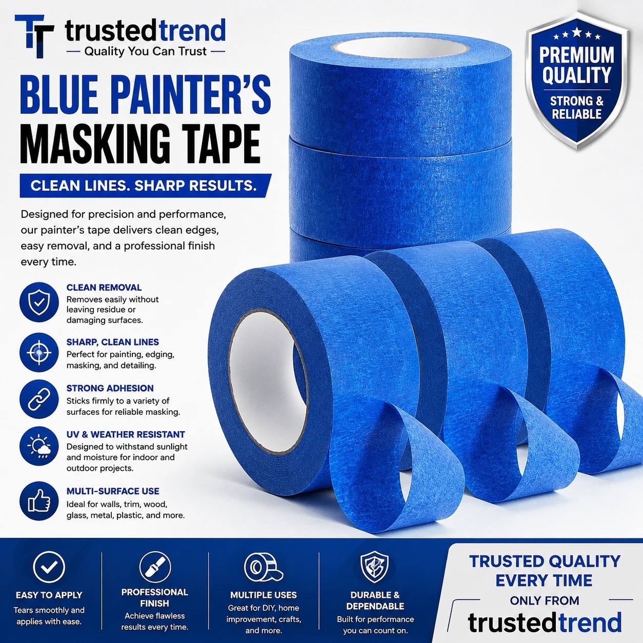 3 Rolls Blue Painter’s Tape 2 Inch x 60 Yards 5.5 Mil Masking Tape Clean Removal