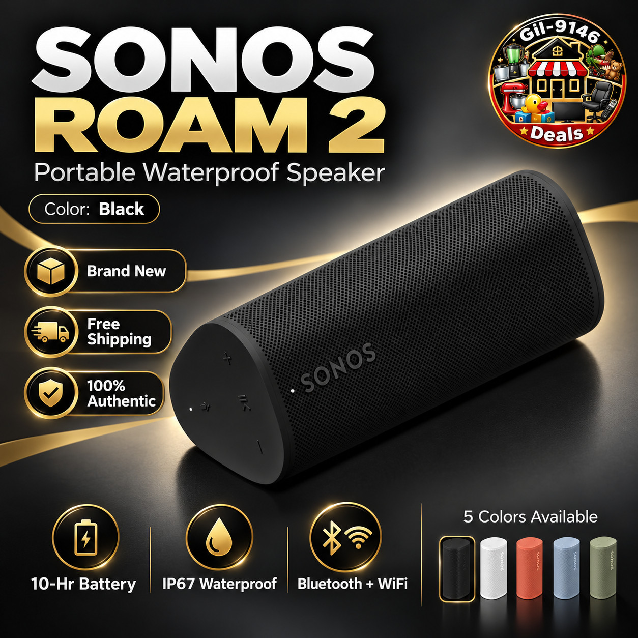 Big Sale Sonos Roam 2 Portable Bluetooth WiFi Speaker IP67 10Hr Battery 5 Colors