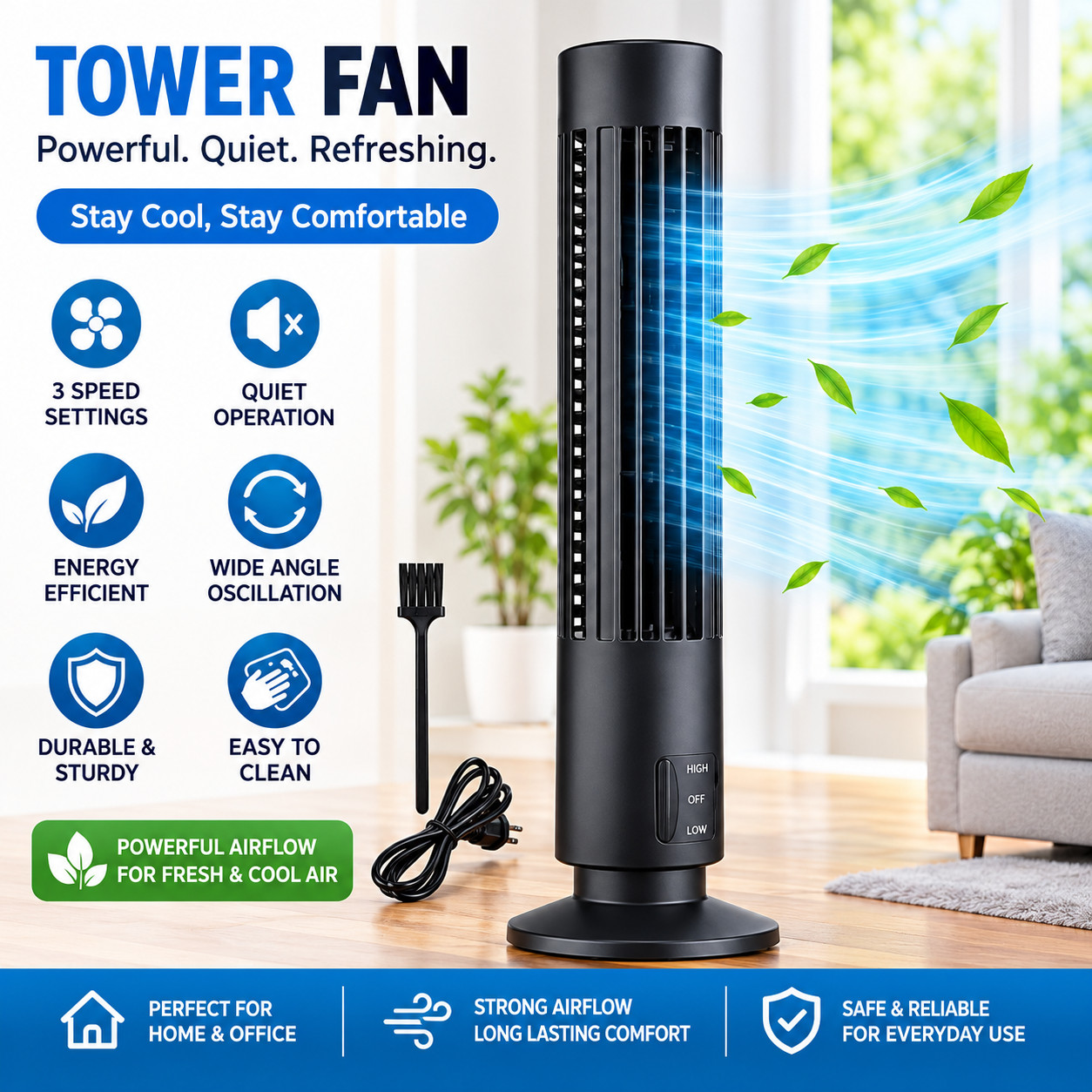 Tower Fan 3 Speed Quiet Portable Desk Fan Oscillating Air Cooler for Home Office
